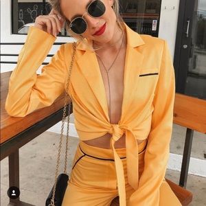 Tiger mist yellow front tied blazer top